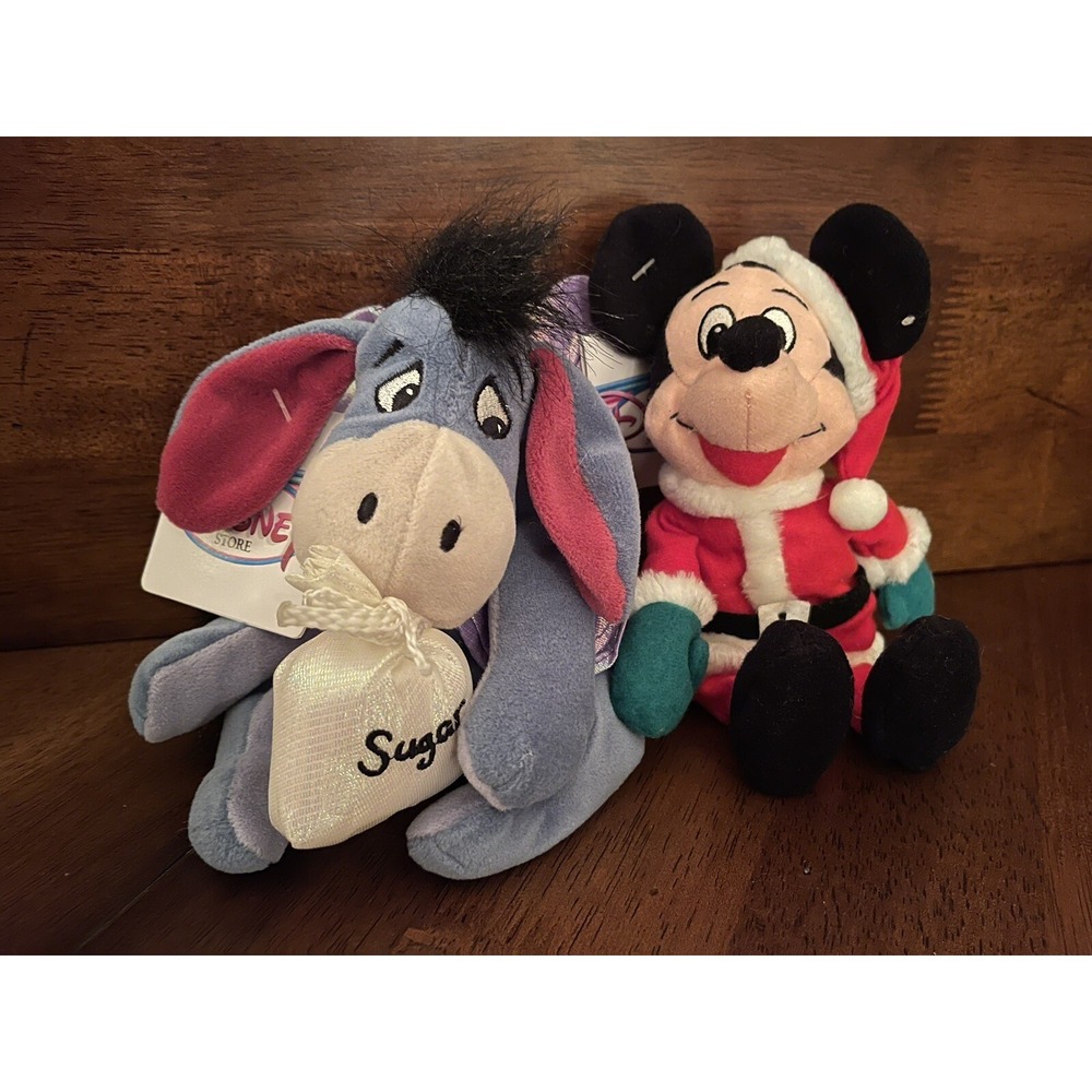 Disney Store - Mini‎ Bean Bag Plush - Santa Mickey 7" and Sugar Plum Eeyore 7"